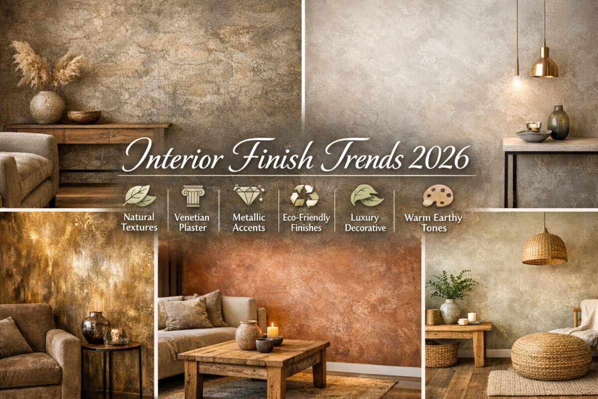 Collage of five interior design scenes showcasing 2026 decorative finish trends: natural textures, Venetian plaster, metallic accents, eco‑friendly lime plaster, and warm earthy tones — styled in modern UK interiors.