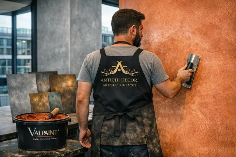 A skilled artisan applying textured orange Venetian plaster to a wall in a Bristol interior.