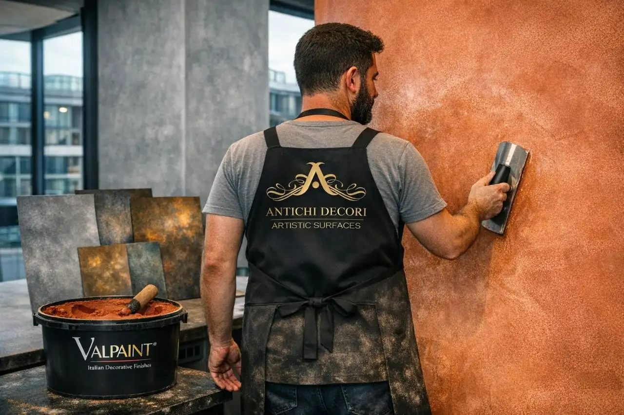 A skilled artisan applying textured orange Venetian plaster to a wall in a Bristol interior.