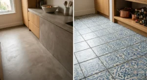 Side-by-side comparison of a seamless grey Valpaint microcement floor alongside traditional patterned blue floor tiles.