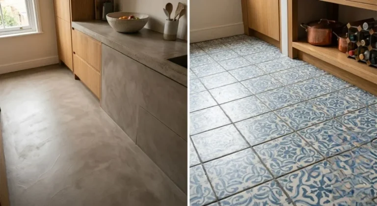 Side-by-side comparison of a seamless grey Valpaint microcement floor alongside traditional patterned blue floor tiles.