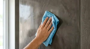 A close-up of a hand using a soft blue microfiber cloth to gently clean and buff a dark grey polished Venetian plaster feature wall.