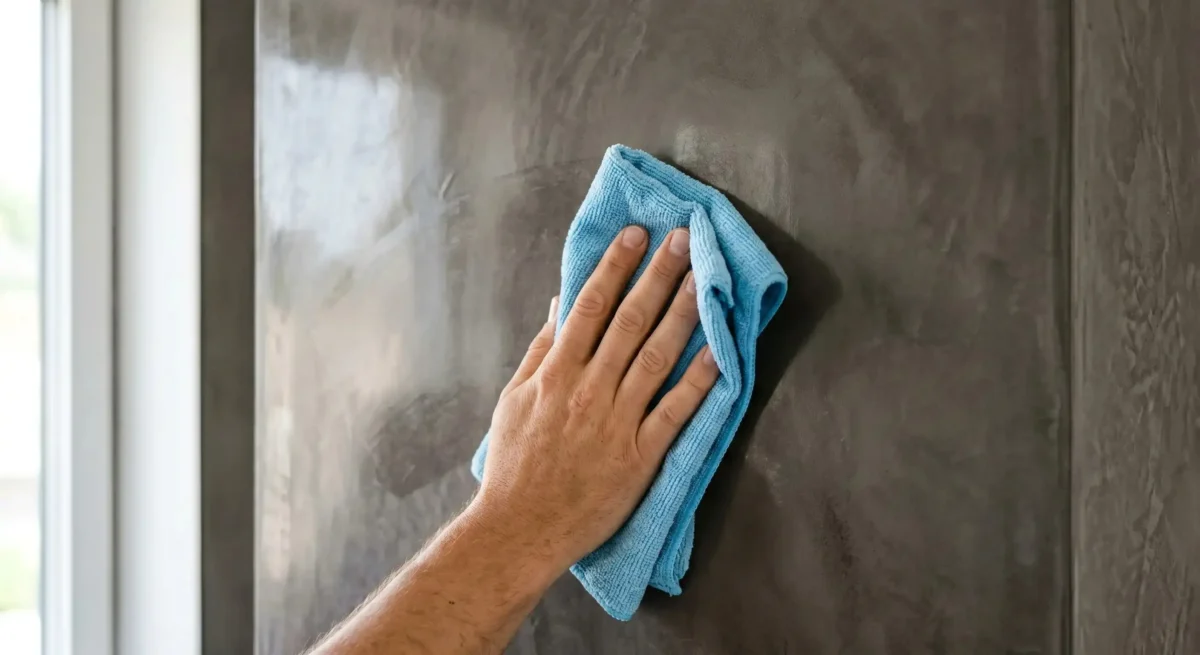A close-up of a hand using a soft blue microfiber cloth to gently clean and buff a dark grey polished Venetian plaster feature wall.